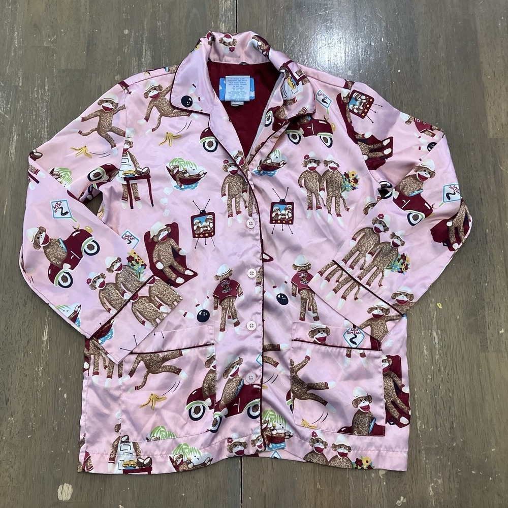Nick‎ & Nora Pajama Top Sock Monkey Grilling size Medium Button Polyester Pink